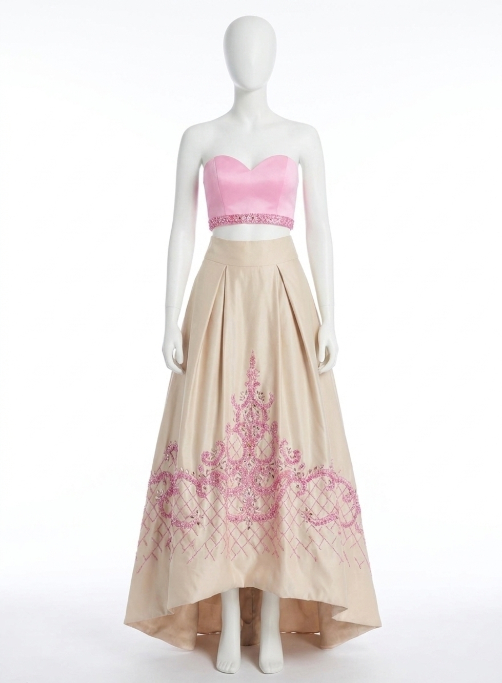 NEW RACHEL ALLAN two-piece strapless mikado prom gown in pink/nude